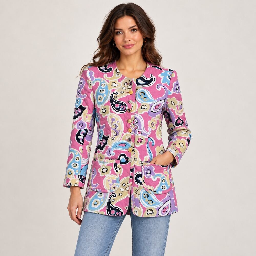 Vintage Rena Lange Pink Quilted Paisley Print Jacket Italy Blazer Medium -